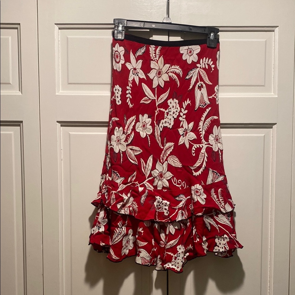 Red and White Tiered Midi Skirt with Ruffles